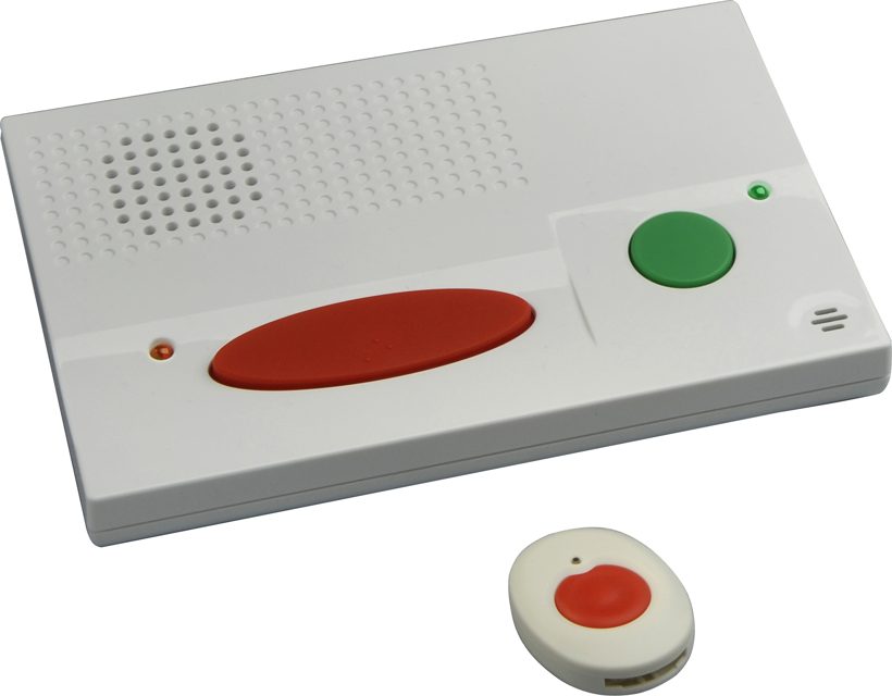 A home medical alert system showing the base unit and its personal help-button pendant